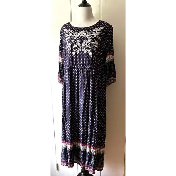 Piper & Scoot Dresses | Piper & Scoot Maxi Dress Size 2xl Boho Embroidered Cottage | Color: Blue/Purple | Size: Xxl | Nicolette36's Closet